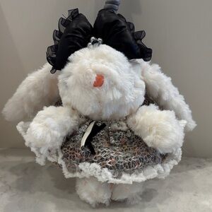Designer Inspo White Plush Bunny w Rhinestones Black Bow Tweed Skirt Bag Charm